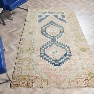 Turkish Rug Vintage Area Rugs Anatolian 5x8 ft, Boho Ethnic Handmade Floor Art, Living Room Décor, Geometric Pastel Turkey