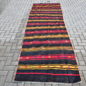 Vintage Turkish Kilim, Wool Runner Rug, 3x11ft Black Rug, Handwoven Carpet, Bohemian Decor, Striped Kilim, Hallway Kilim, Unique Design