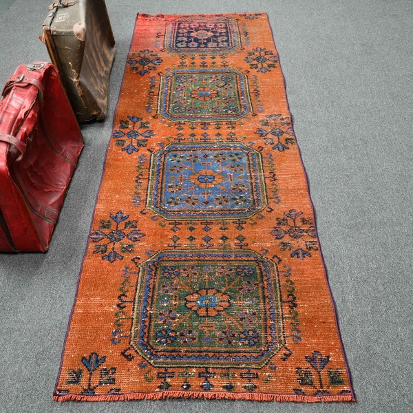 Runner Carpet, Vintage Rug, Turkish Rug, Oushak Carpet, 32x96 inches Red Carpet, Office Rug, Corridor Rugs, Wool Stair Rug,  4394