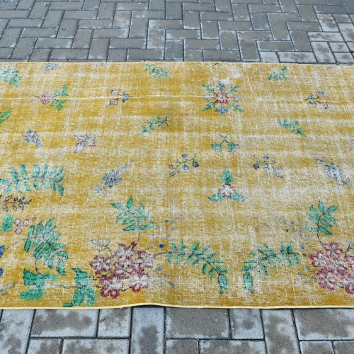 Turkish Rug, Area Rug, Vintage Rug, Oushak Carpet, 52x94 inches Yellow Rug, Outdoor Indoor Carpet, Anatolian Bedroom shops Carpet, 1822