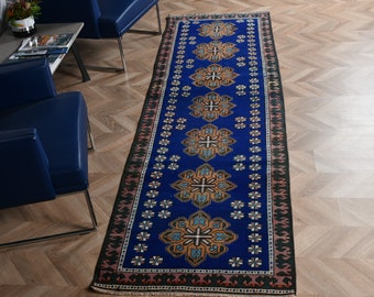 Runner Rug Turkish Vintage Anatolian Rugs For Hallway 2.8x9.6 ft Blue Stair Old Organic Muted Decorative Wool Bright Abstract Handwoven