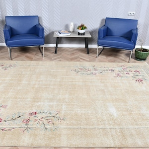 Vintage Turkish Rug, Large Floral Rug, Beige Rug 204x306cm, 7x10 ft Carpet, Handmade Rug, Living Room Decor
