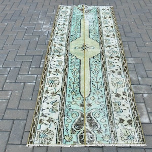 2.9x7.4 ft Vintage Rug, Turkish Runner Rug, Blue Green Patchwork Rug