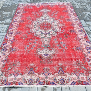 Tapete turco vintage, tapete vermelho ousado, tapete feito à mão, design grande Oushak, revestimento de piso decorativo, 165 x 282 cm, 5 x 9 pés