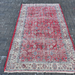 Vintage Turkish Rug 4x7ft Red Floral