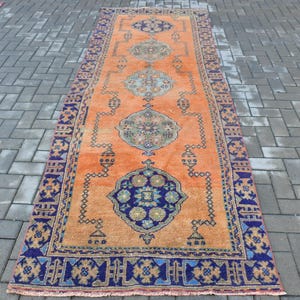 3.6x10.8 ft Turkish Rug, Runner Vintage Rug, Orange Patchwork Rug