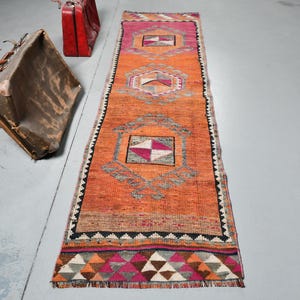 Alfombra vintage, alfombra de pasillo, alfombra turca, alfombra Herki, alfombra para escaleras, alfombra naranja de 31 x 117 pulgadas, alfombras de cocina hechas a mano, 3997