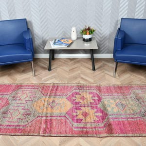Turkish Runner Rug, Vintage Rug, Pink Rug, Hallway Runner, Handmade Wool Rug, 3x12ft, Bohemian Decor, Unique Textile