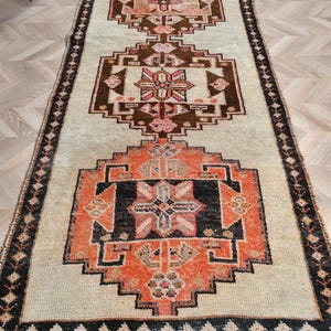 Vintage Turkish Runner Rug, 4x11ft, Boho Corridor Rug, 117x340cm Wool Carpet, Traditional Design, Decorative Hallway Rug