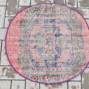 Vintage Rug, Small Rug, Turkish Rug, Oushak Carpet, Round Rug, 26x28 inches Red Rug, Turkey Gift Rugs, Organic Bath Rug,  693