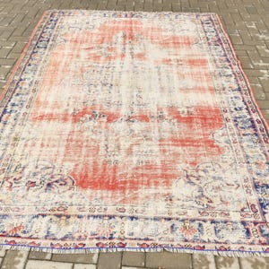 Turkish Rug, Distressed Orange Vintage Rug, Large Area Carpet, Oushak Style, Handmade, 181x258cm, 6x8ft