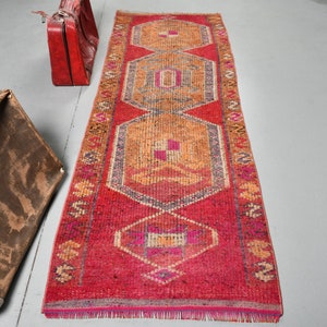 Turkish Rug, Runner Carpet, Vintage Rug, Herki Rug, Home Decor Carpet, 35x98 inches Red Carpet, Handwoven Kitchen Rug,  3822