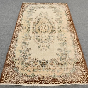 Vintage Turkish Area Rug, 4x7ft, Elegant Floral Design, Brown and Beige Tones, Traditional Pattern Decor, Antique Style Carpet