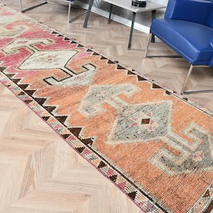Herki Rug, Vintage Rug, Runner Rug, Turkish Rug, Anatolian Rugs, Rugs For Kitchen, 3.2x11.4 ft Pink Rug, Stair Rugs, Vintage Decor,  5886
