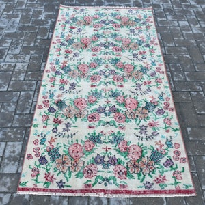 Vintage Rug, Accent Carpet, Turkish Rug, Oushak Rug, 37x73 inches Beige Rug, Wool Area Rug, Floral Rug, Entry Rugs,  899