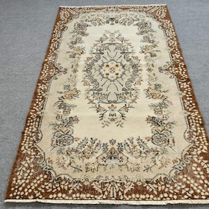 Vintage Turkish Area Rug, Beige and Brown Floral Design, 4x7ft, Oriental Carpet, Elegant Home Decor Accent