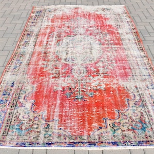 Vintage Turkish Area Rug, Distressed, Red and Multi-Color Pattern, 5x8ft, Unique Home Decor, Rustic Style Rug