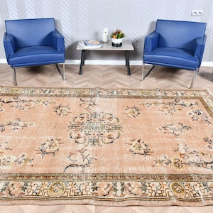 Vintage Turkish Rug, Large Oushak Rug, Turkish Carpet, Living Room Rug, 6x9ft, Anatolian Handmade Carpet, Unique Floral Rug