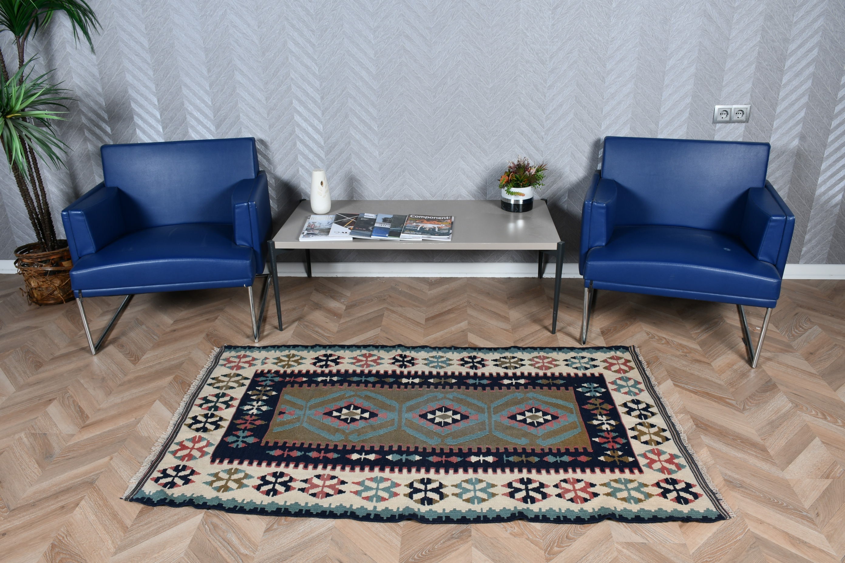 Vintage Turkish Rug, Accent 3.2x5.6 Ft (98x172 Cm) Rug, Blue Polka