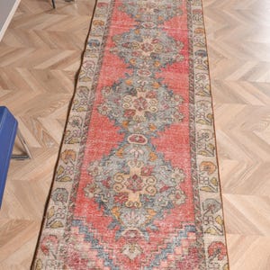 Turkish Runner Rug, Vintage Oushak, Handmade 3x9ft, Red Turkish Rug, Corridor Hallway Rug, Boho Chic Wool Runner, Antique Turkish Carpet
