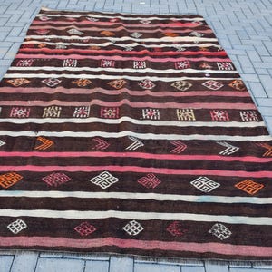Vintage Turkish Kilim, Handmade Rug, Traditional Kilim, Bohemian Decor, 6x9ft Brown Kilim, Geometric Design, Striped Kilim, Unique Area Rug