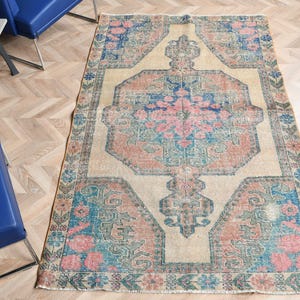 Vintage Turkish Area Rug, 4x7ft, Colorful Floral Pattern, Unique Home Decor, Pastel Tones, Traditional Design