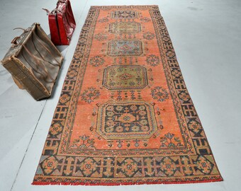 ランナーラグ　ヴィンテージラグ　トルコラグ 4x8 ラグ、ニュートラルなヴィンテージラグ、トルコのランナーラグ