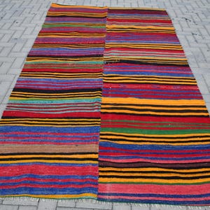 Vintage Turkish Kilim, Striped Wool Rug, 2x6ft Colorful Flatweave, Handmade Area Rug, Bohemian Decor, Rustic Floor Mat, Hallway Runner