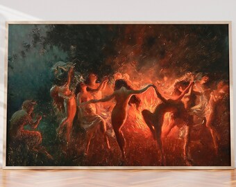 Joseph Tomanek - Fire dance (1889) Print on canvas or paper. original large art, classic art, large size painting, Witches magic, Red Black