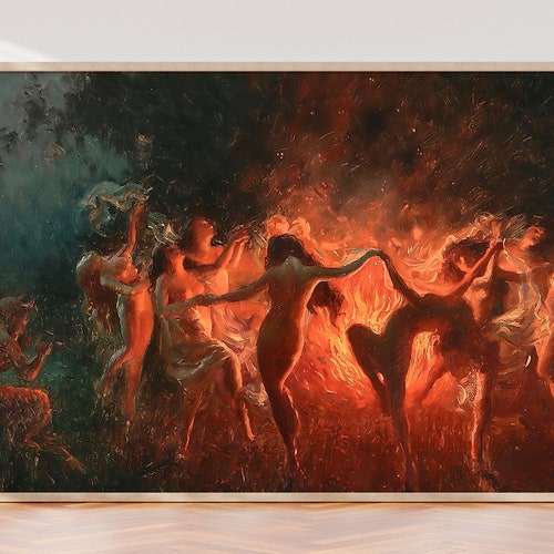 Joseph Tomanek - Fire dance (1889) Print on canvas or paper. original large art, classic art, large size painting, Witches magic, Red Black