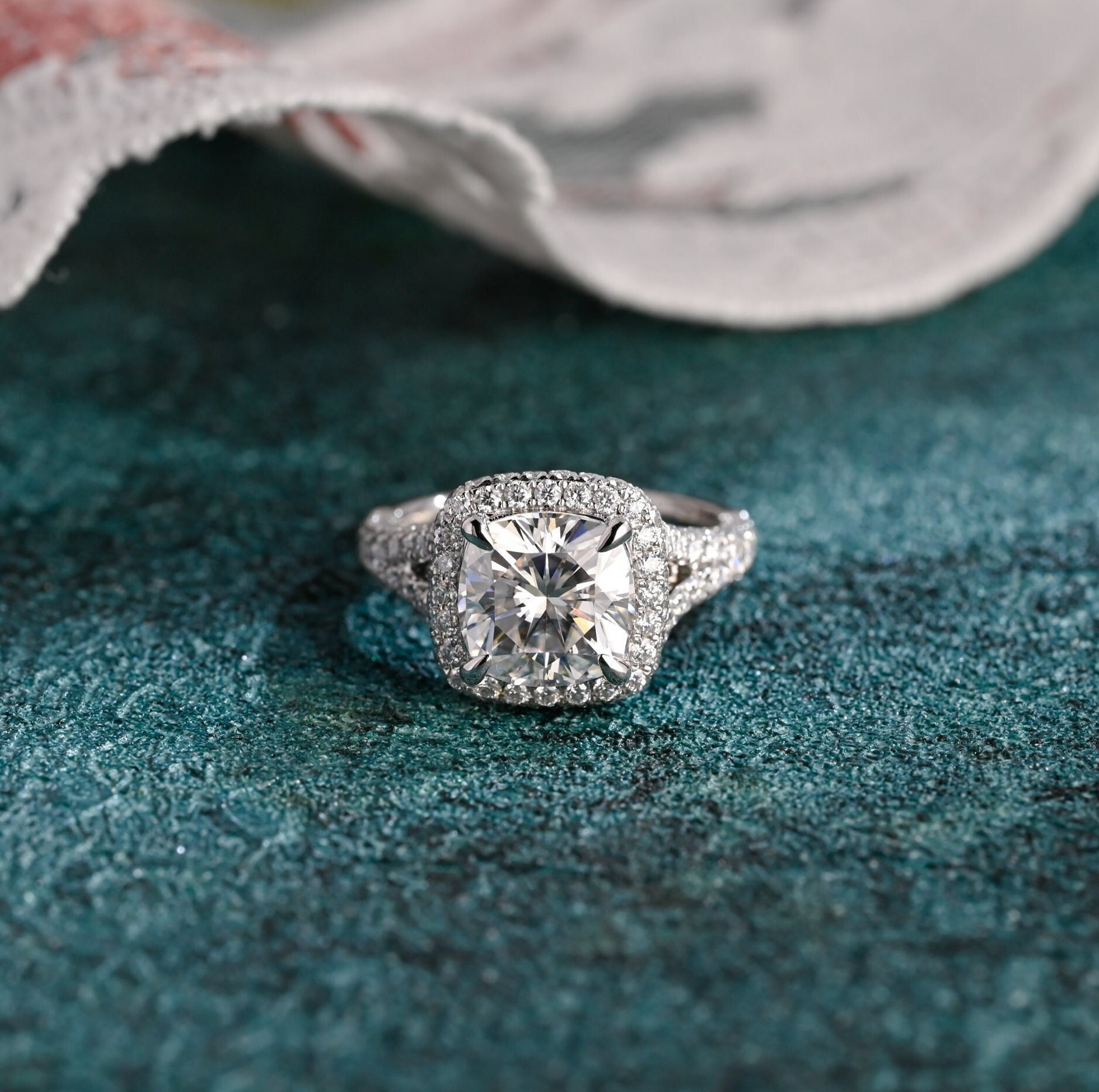 Split shank cushion cut online halo engagement ring
