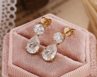 9K/14K/18K Round&Pear Moissanite Studs/Dangle Earrings/Vintage Dainty Gemstone Drop Earrings/Unique Wedding Anniversary Gift