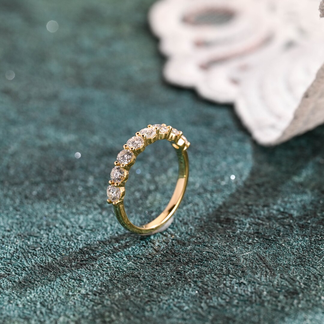 Solid Gold Round Moissanite Wedding Band, Half Eternity Wedding Ring ...
