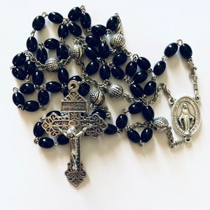 Black Czech Glass Oval Bead Five Decade Rosary with Miraculous Medal (LATIN) and Pardon Crucifix