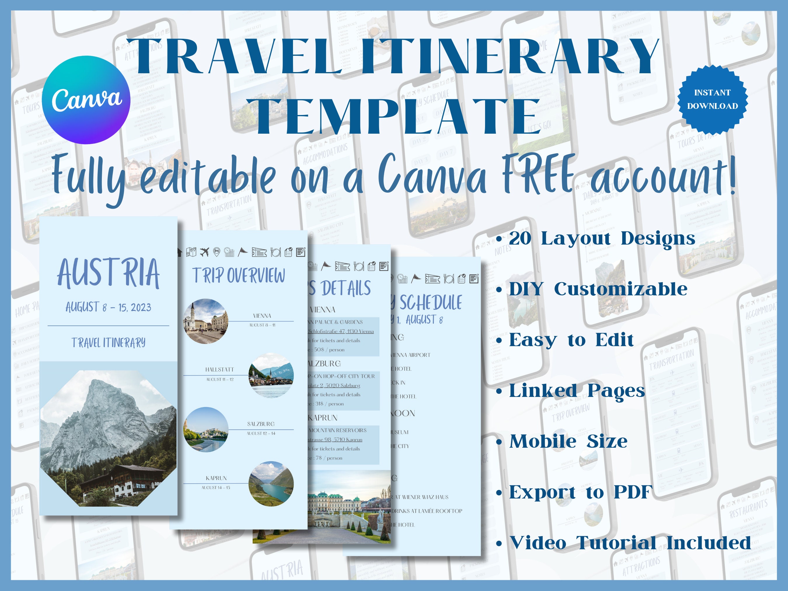 Travel Itinerary Mobile Template Modern Canva Digital Trip - Etsy