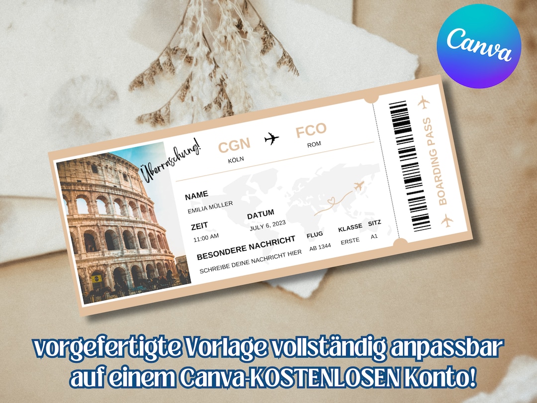 Gutschein für eine Reise Vorlage, Gutschein flugticket zum Ausdrucken