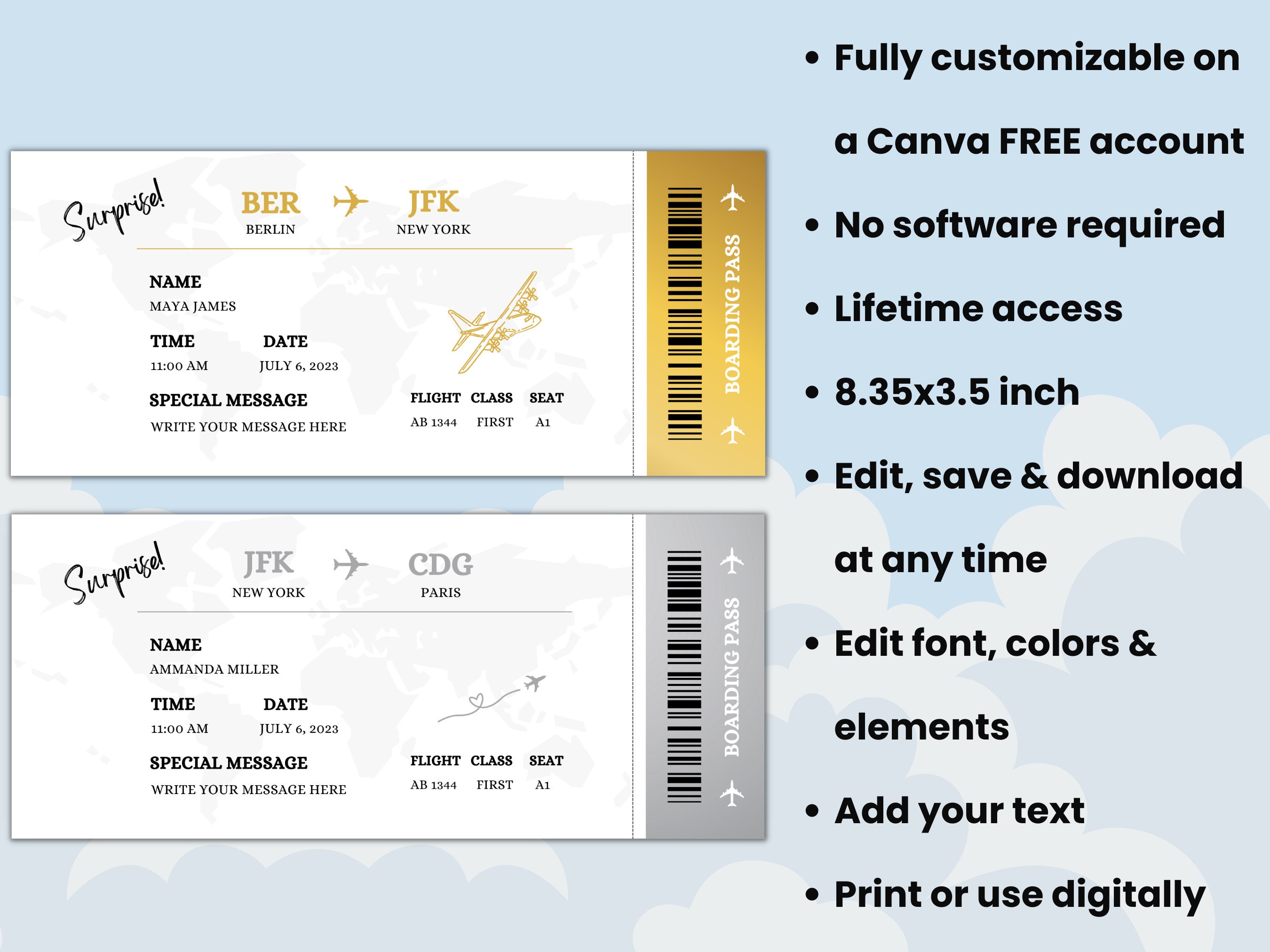 Customizable Boarding Pass Template Personalized Canva Flight Ticket