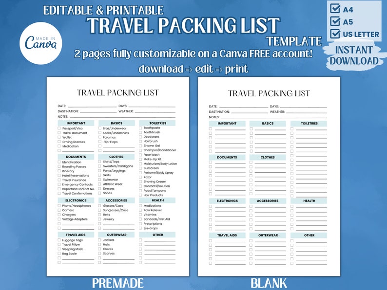 Editable Printable Travel Packing List Template, Packing Checklist