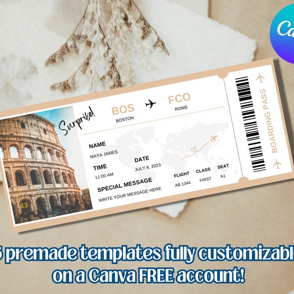 Plantilla de tarjeta de embarque editable, billete de avión de viaje sorpresa personalizado imprimible, descarga digital DIY Canva