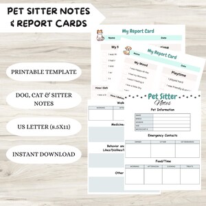 Paquete de cuidador de mascotas y libreta de calificaciones, notas de cuidador de mascotas en descarga digital, libreta de calificaciones para perros y gatos, guardería canina