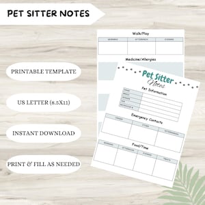 Pet Sitter Notes Template: Printable Pet Care Guide (Digital Download)