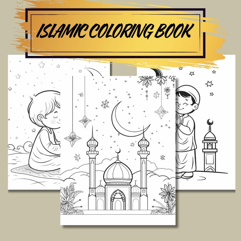 May include: Black and white colouring book pages featuring Islamic themes. The pages include a mosque, a crescent moon, stars, and children praying.