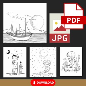 May include: Black and white colouring pages featuring a boat sailing on the sea, a person praying, a person meditating, and a person sitting with their head down. The pages are titled "Download".