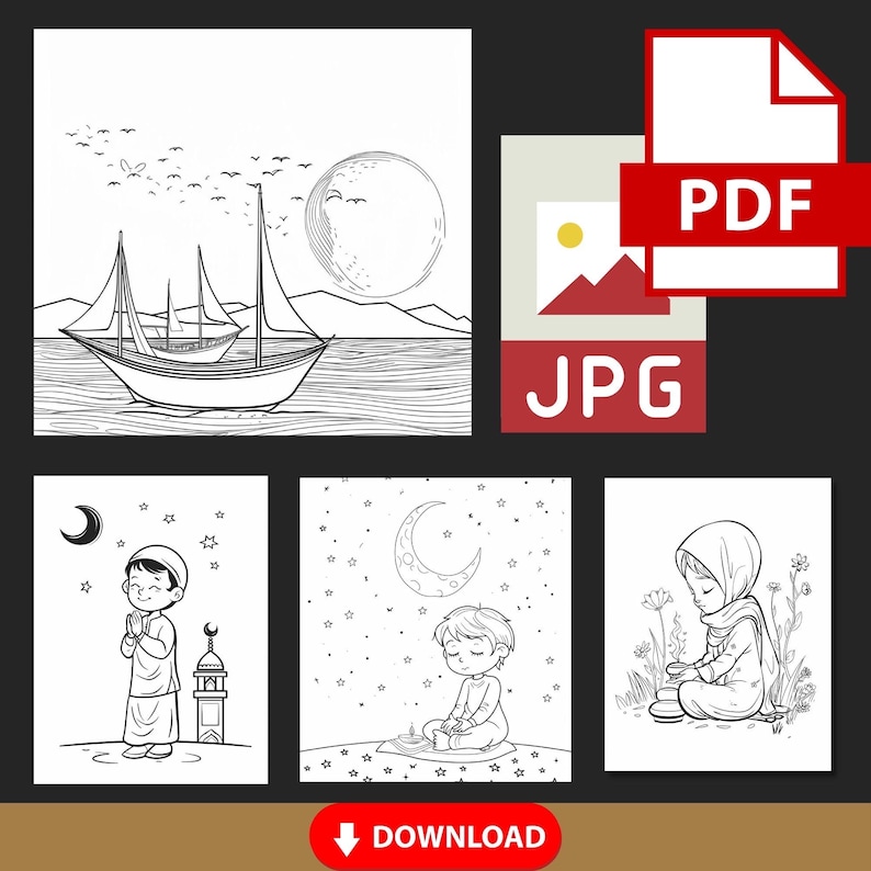 May include: Black and white colouring pages featuring a boat sailing on the sea, a person praying, a person meditating, and a person sitting with their head down. The pages are titled "Download".
