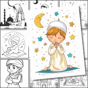 May include: A cartoon illustration of a young boy kneeling in prayer with his hands clasped together. He is wearing a white prayer cap and a white robe. The background is a light blue with yellow stars and a crescent moon.