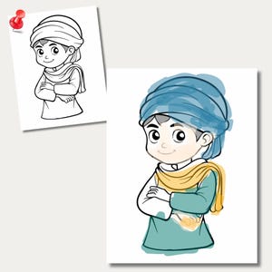 May include: A cartoon illustration of a young boy wearing a blue turban, a yellow scarf, and a green shirt. He is standing with his arms crossed and smiling.