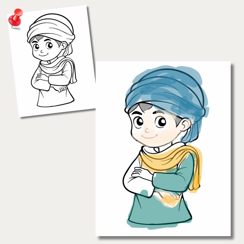 May include: A cartoon illustration of a young boy wearing a blue turban, a yellow scarf, and a green shirt. He is standing with his arms crossed and smiling.