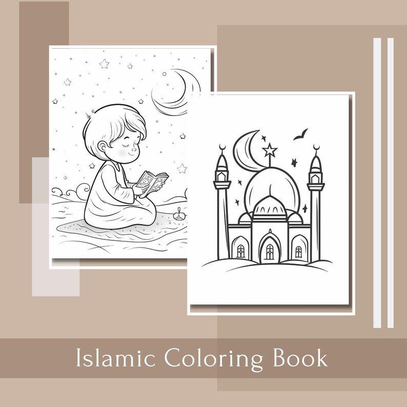 May include: Black and white colouring book pages featuring a young person reading a book under a crescent moon and stars, and a mosque with a crescent moon and star on top.