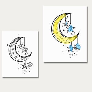 May include: Two illustrations of a crescent moon with stars. The moon is yellow and outlined in black. The stars are blue and white. The stars are hanging from the moon.