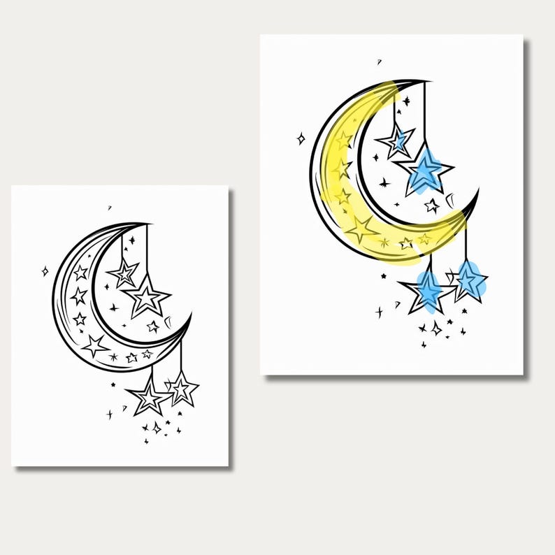 May include: Two illustrations of a crescent moon with stars. The moon is yellow and outlined in black. The stars are blue and white. The stars are hanging from the moon.